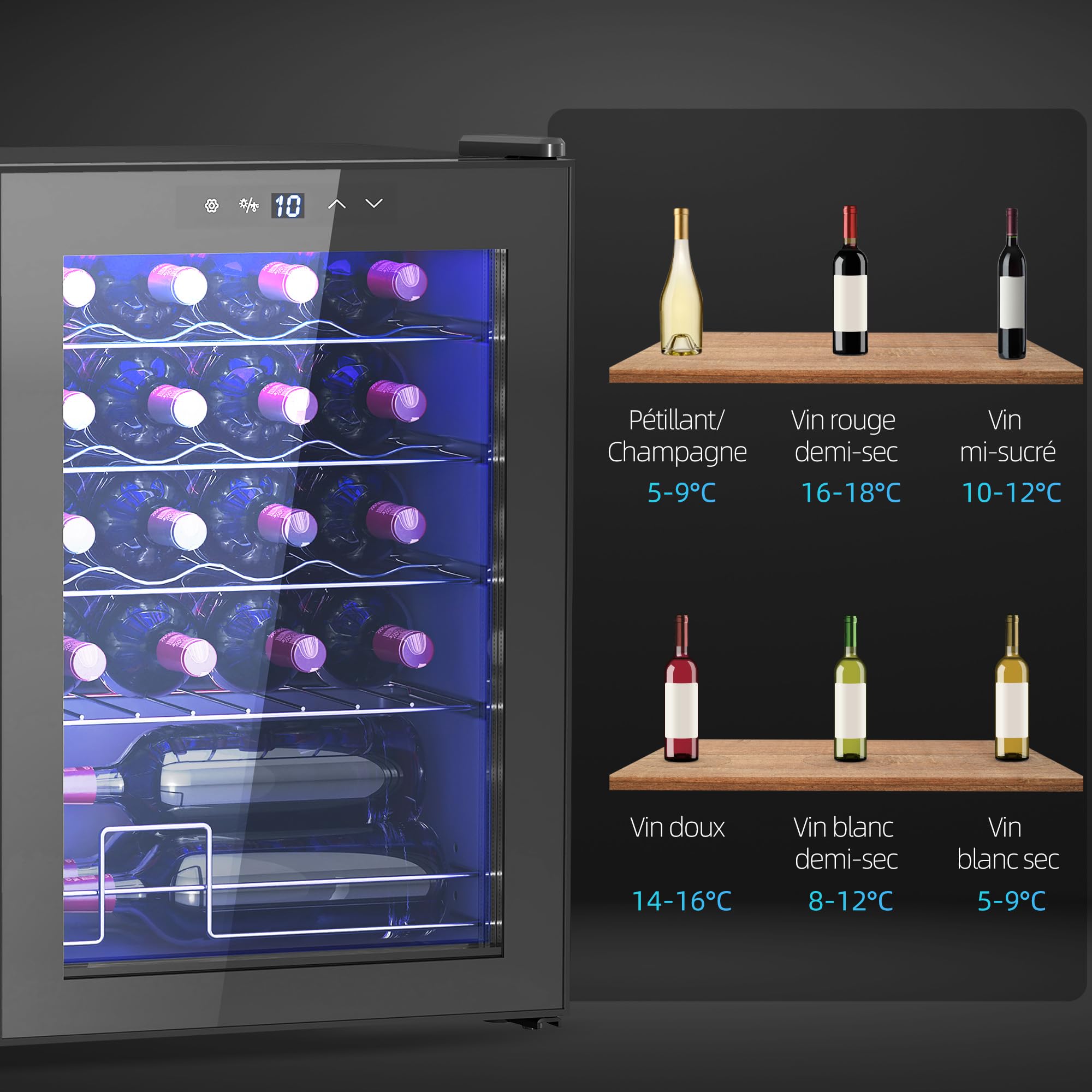 HOMCOM Cave à Vin 20 Bouteilles 53L, Réfrigérateur à Vin Silencieux Porte Verre LED Écran Tactile Numérique Contrôle Température 5-18°C Protection UV Noir