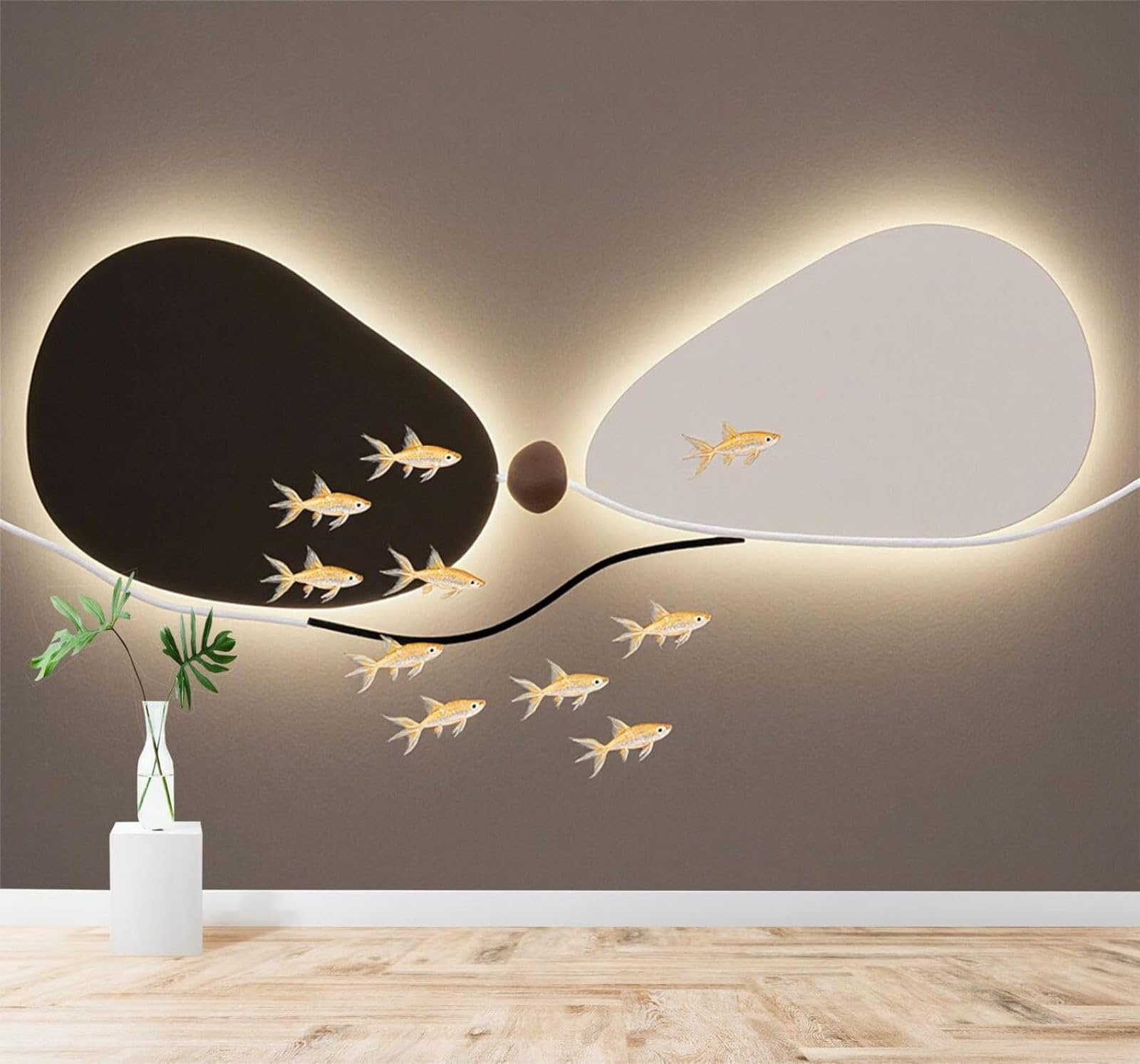 Xlming 430Cm×300Cm(B×H) Abstract Black And White Geometric Shapes Goldfish Soft Light 3D Wallpaper Silky Texture Home Study Office Grey Dining Room Sofa Bedroom Living Room Tv Backdrop-430Cm×300Cm