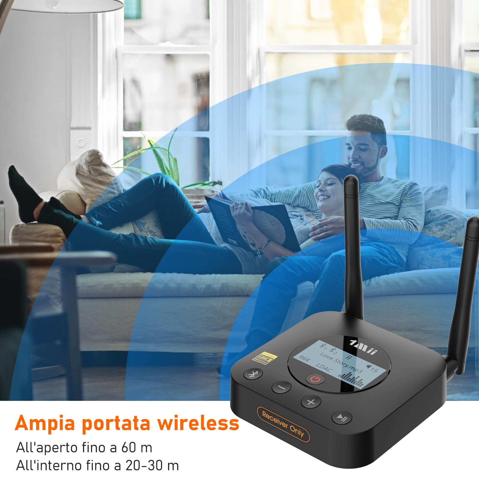 1Mii B06Pro+ Ricevitore Bluetooth HiFi, Adattatore Audio Wireless Bluetooth 5.3 Hi-Res LDAC per Stereo, aptX HD/Bassa Latenza, con Uscita Ottica/AUX, Controllo del Volume, Display LCD, Lungo Raggio
