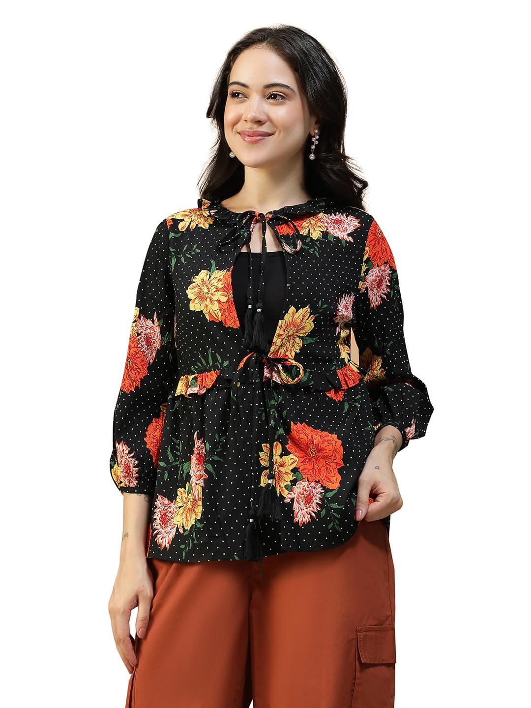 oxolloxo Women Floral Print Round Neck Tie-Up Detail Long Sleeve Shrug-picture-14