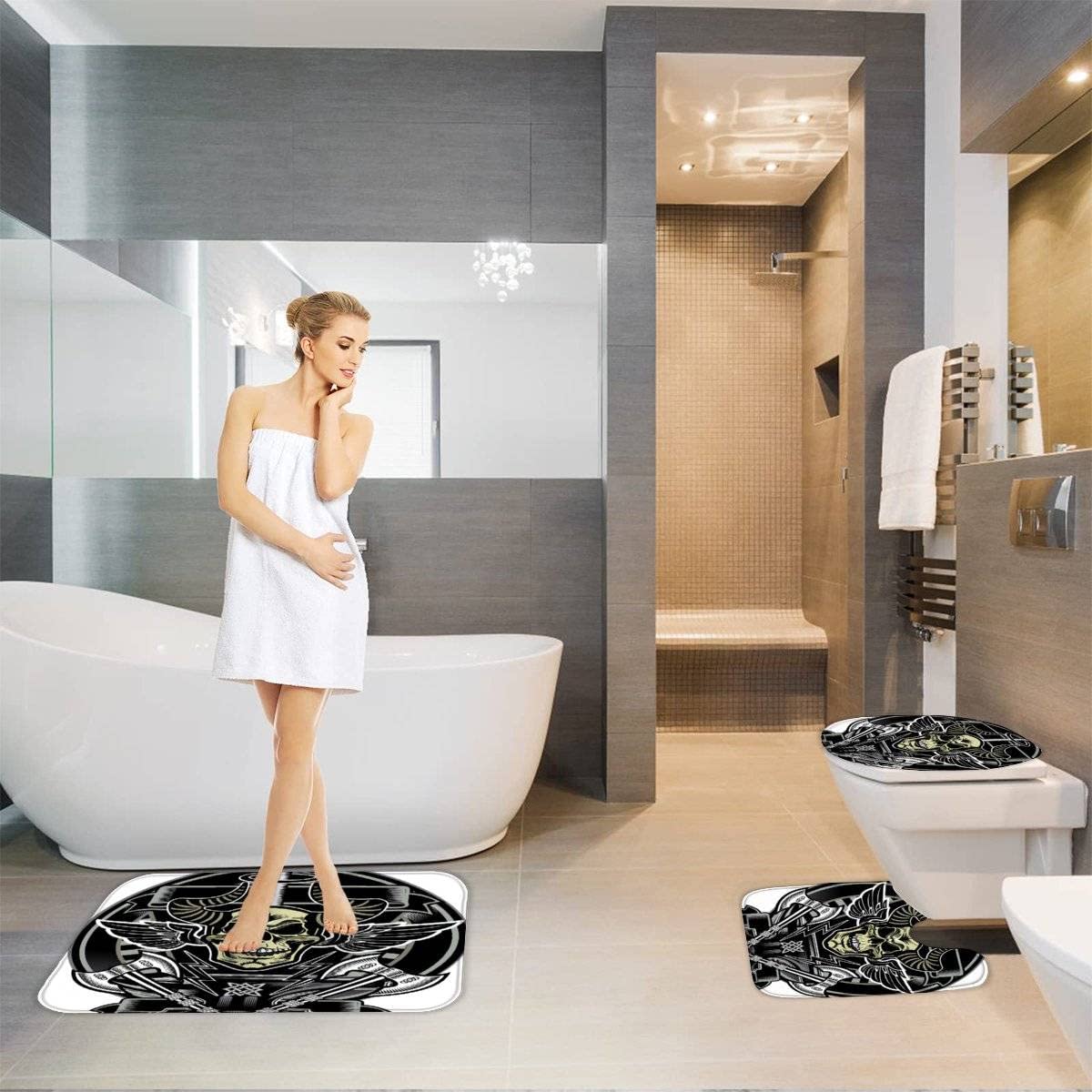 Genérico Alfombra de baño, alfombras de baño Negras escandinavas, Alfombra de baño de Lujo de Microfibra, Juego de alfombras absorbentes, Alfombrillas de baño vikingas Vintage, Alfombrilla de pedesta