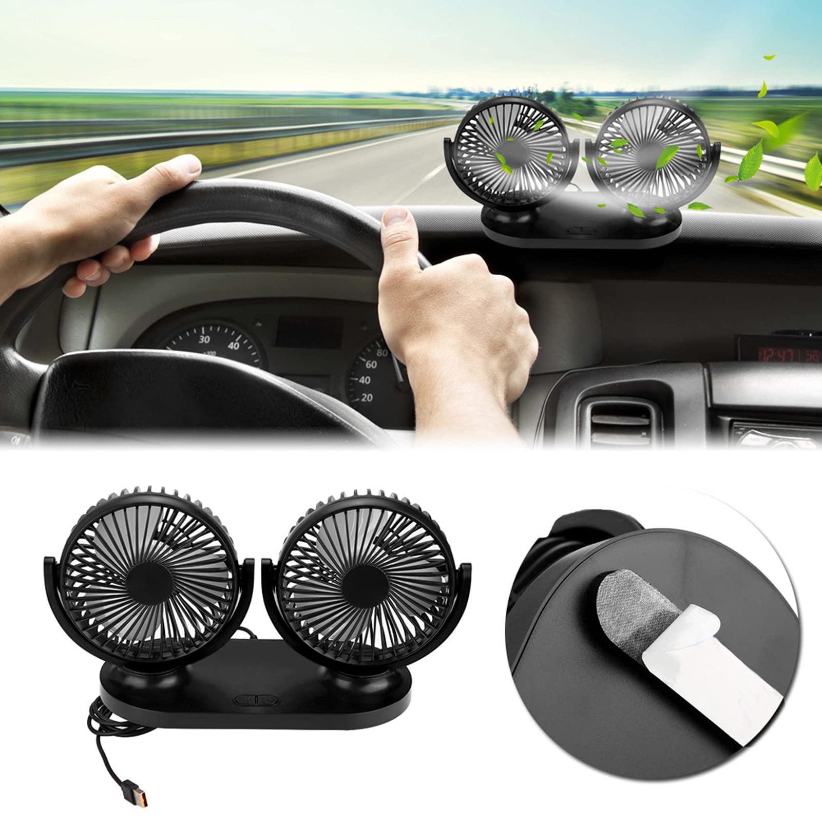 EVGATSAUTO Ventilatore per auto a doppia testa, auto a doppia testa USB Condizionatore d'aria portatile Ventilazione del dispositivo di raffreddamento automatico Accendisigari 12V(Nero)