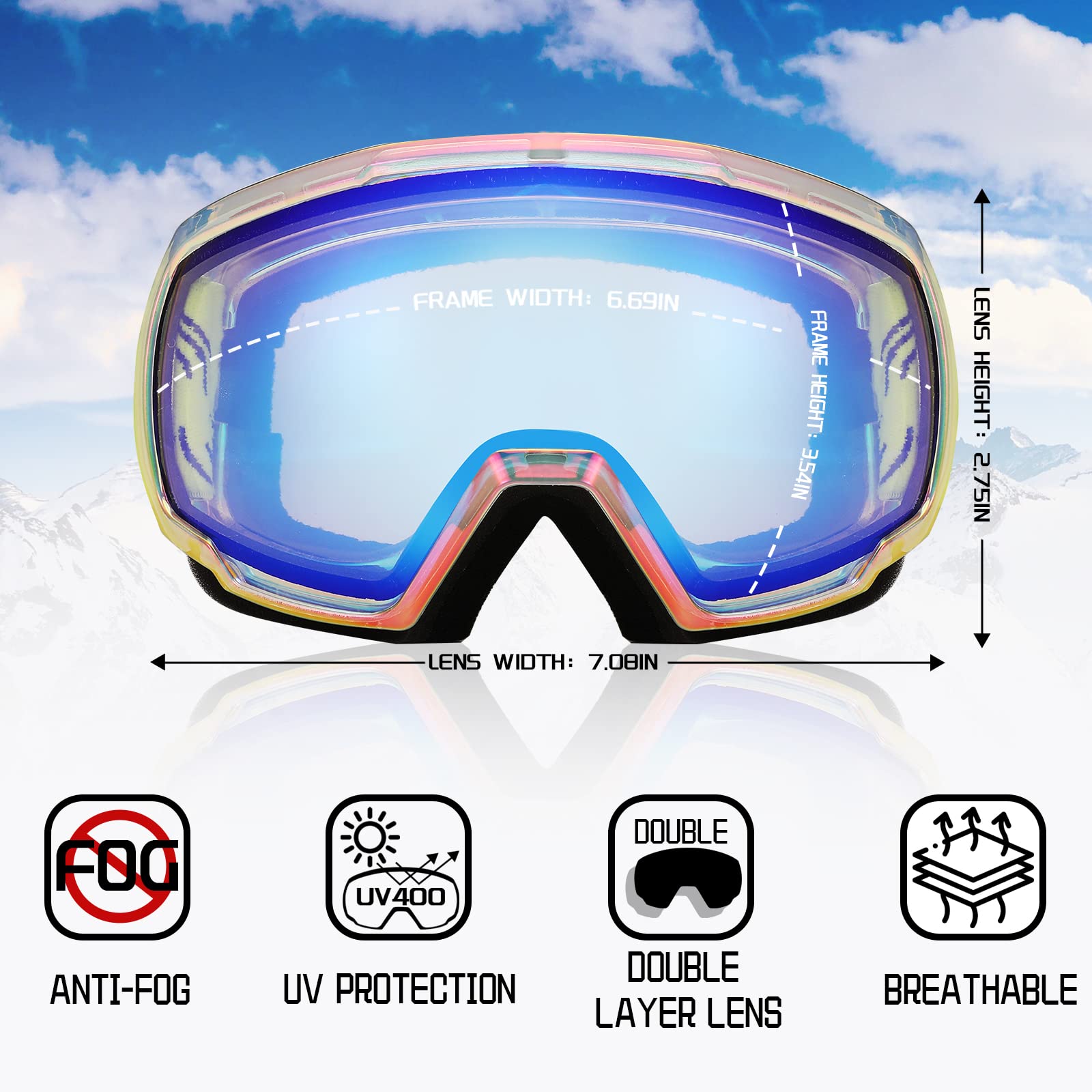 FEISEDY Masques de Ski Hommes & Femmes, Anti-Buée, Protection UV B2960 | Design OTG, Adaptés à la Neige, Masques de Snowboard pour Porteurs de Lunettes