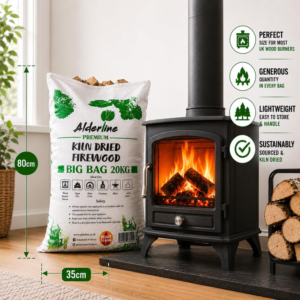 Alderline Premium Kiln-Dried Birch Hardwood Logs 20kg - Ready to Burn firewood - Smokeless fire logs for wood burners Stoves, Fire Pits - Image 4