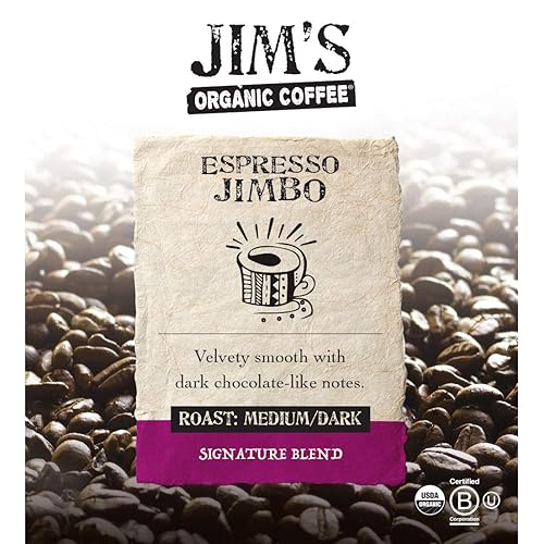 Miniatura 2 de Jim's Organic Coffee Espresso Jimbo: Bolsa de 11 oz de tostado medio y oscuro de grano entero - Café orgánico certificado, cultivado