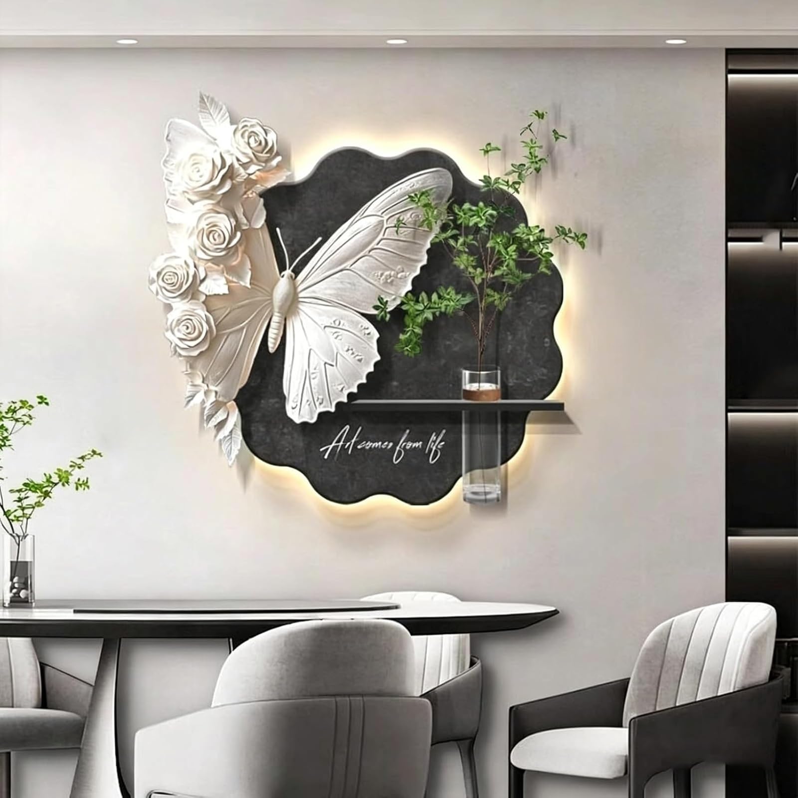 XYUERU Large wall decoration LED metal, wall decoration living room, feather design wall, for sofa background wall, entrance and hallway and can be hung vertically or horizontally(Nero,50 * 50cm)
