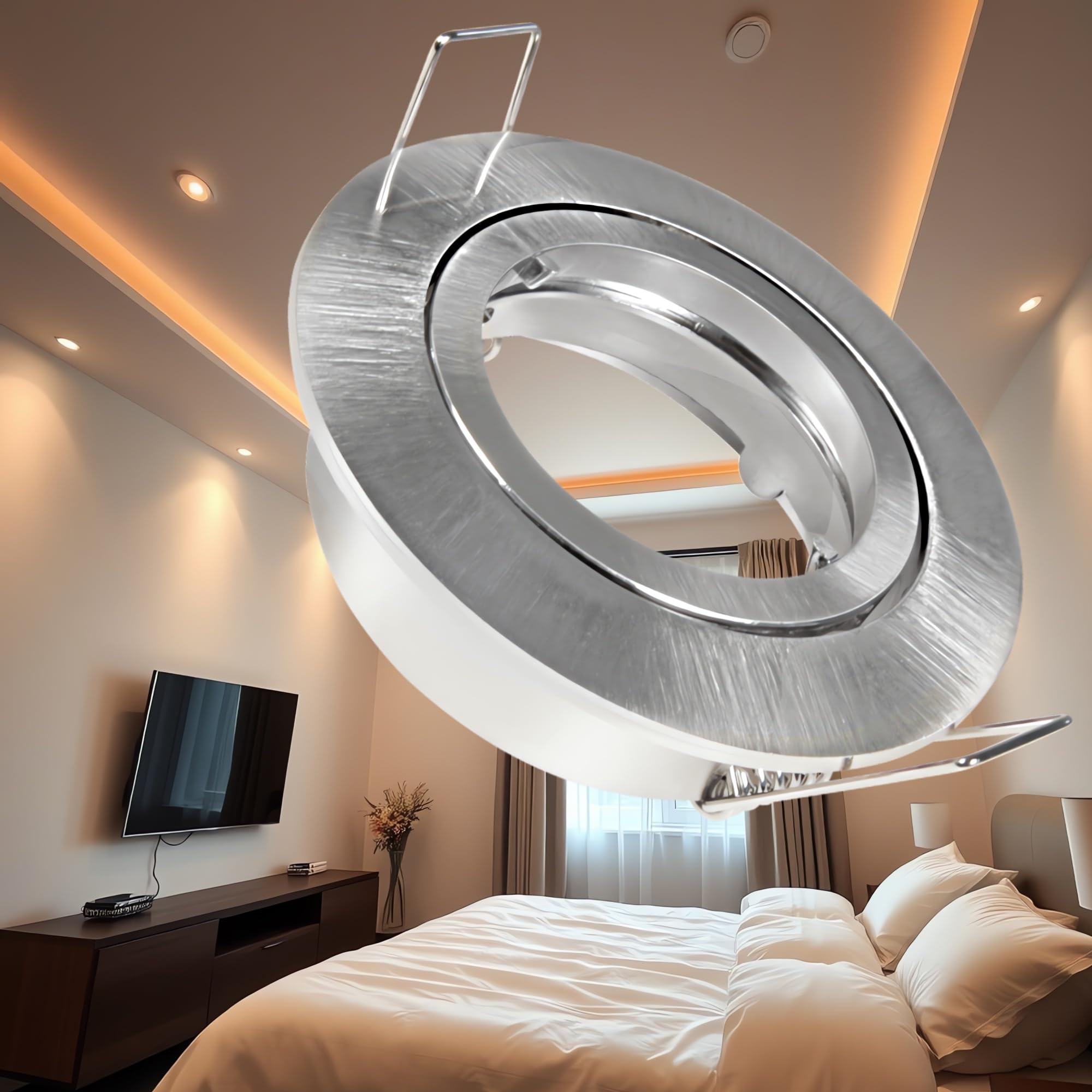 6er Set LED o. Halogen Einbaustrahler Timo für 12V und 230Volt Farbe: Edelstahl gebürstet (ohne Leuchtmittel) inkl. 230Volt GU10 und 12Volt MR16 Fassung. Spot Rund für Lochausschnitte von 68-76 mm.