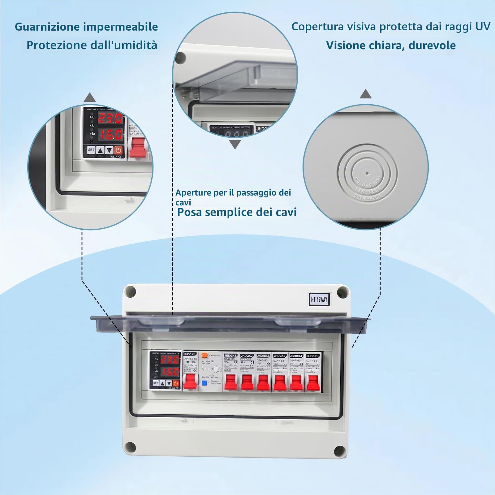 Quadro elettrico a parete, con interruttore differenziale e protezione contro sovratensioni, 2x32A, 2x16A, 2x6A interruttori AC, IP65 distributore di corrente per officina, garage, camper