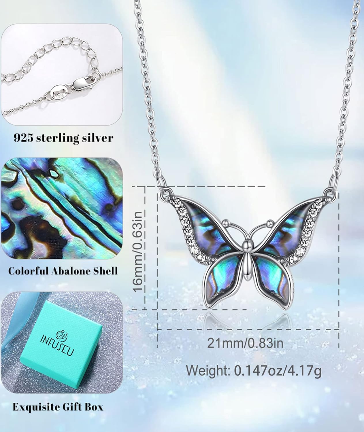 INFUSEU 925 Sterling Silver Necklaces for Women Girls, Sun Moon Star Butterfly Snowflake Jewelry, 18 Inch Chain - Image 7