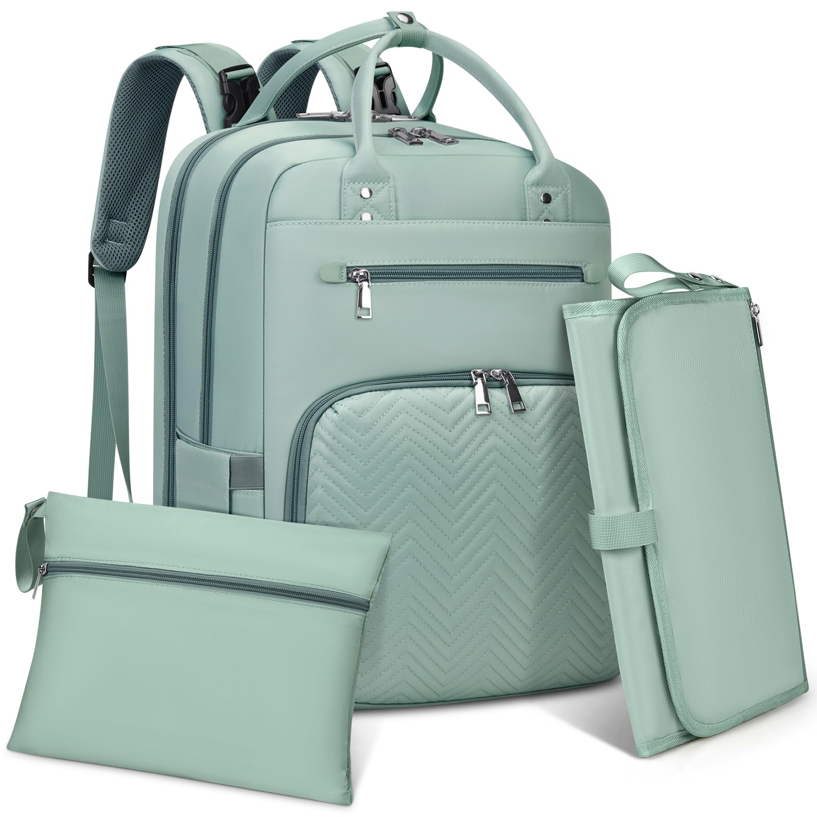 RAINSMORE Zaino Mamma Multifunzione Zaino Fasciatoio Grande Capacità Borsa Neonato con Fasciatoio Portatile Zaino Passeggino per Mamma e Papà Verde
