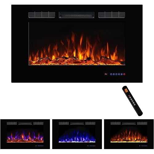 Dreamflame Electric Fireplace 36inches, Wall-Mounted & Recessed Fireplace Inserts, Multicolor Flame w/5 Dimmer, Remote Control Thermostat, Timer, Overheating Protection, Hardwire Connect, 1500W,Black