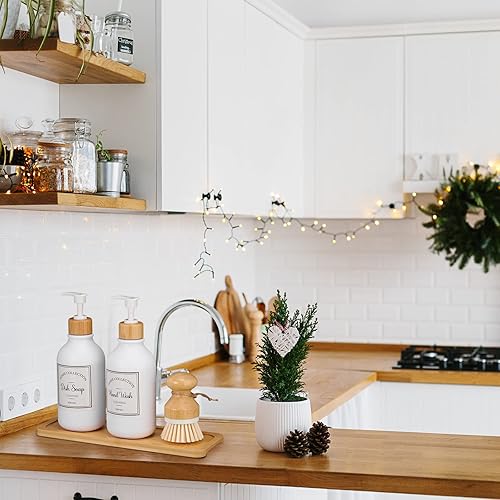 Miniatura 6 de Juego de 4 dispensadores de jabón de cocina de 16 onzas con bomba de bambú, bandeja de jabón y cepillo para platos, juego de dispensador de jabón de