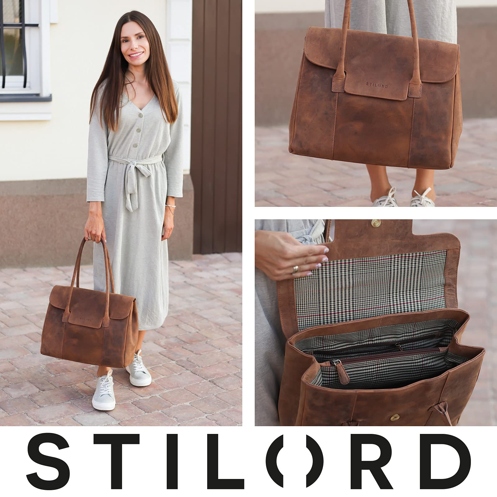 STILORD Carrie Shopper Piel Mujer de Hombro Bowling Handbag Elegante de Mano Grande Tote Shopping Bag Serraje Cuero Genuino Color:Negro