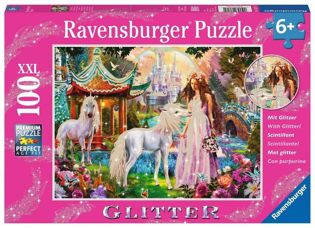 Ravensburger Kinderpuzzle - 13617 Im Reich der Blütenkönigin - Einhorn-Puzzle für Kinder ab 6 Jahren, mit 100 Teilen im XXL-Format, mit Glitzer