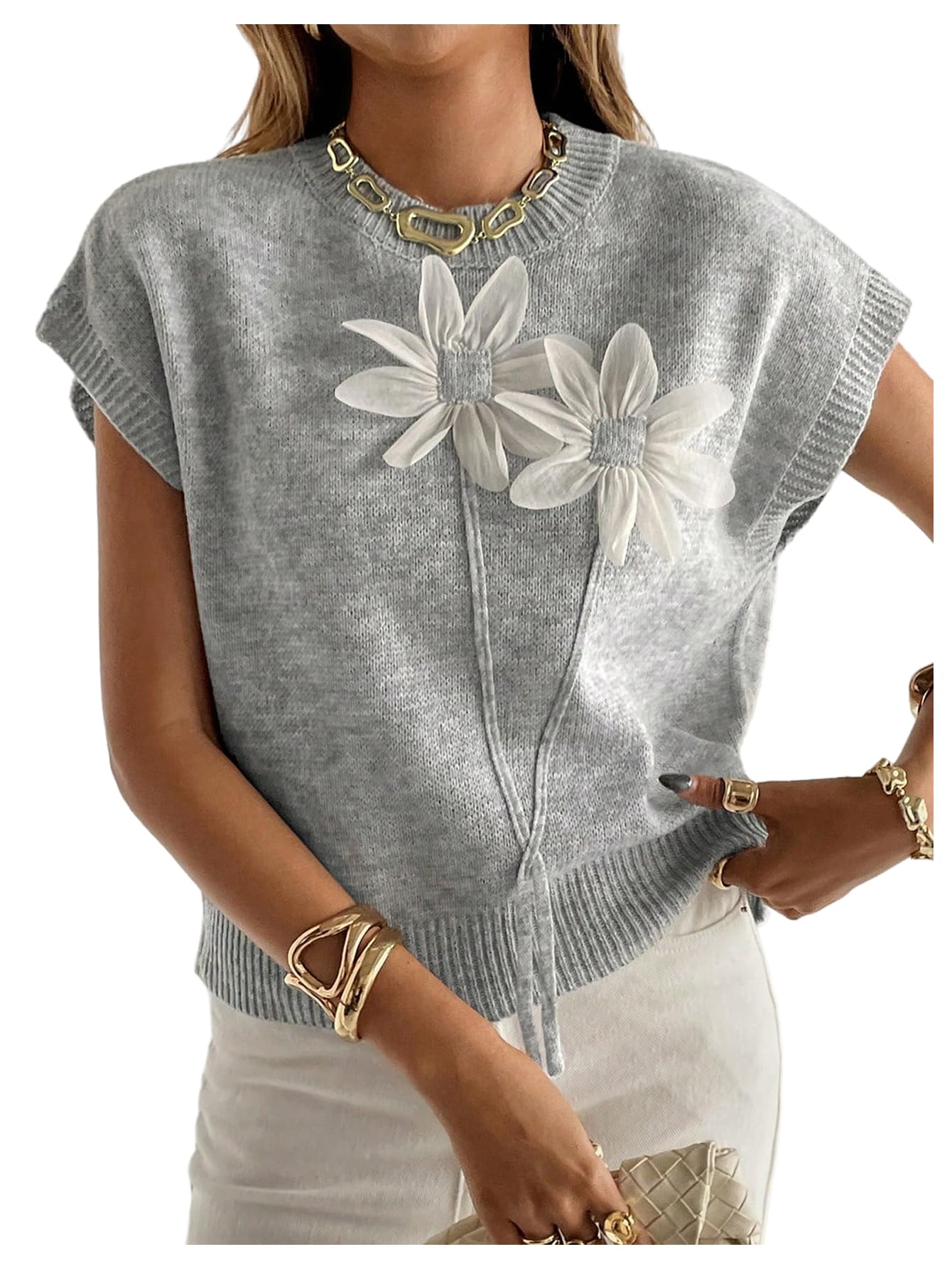 Verdusa Womens Quiet Luxury Clothes Boho 3D Floral Sweater Vest Sleeveless Knit Tops