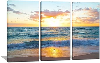 Noah Art-Ocean Art Print Contemporary Seascape Artwork Sunrise Over The Ocean in Miami Beach Pictures on Canvas Print 3 Piece Wooden Framed Ocean Wall Art for Living Room, 12x24inchx3pcs - coolthings.us