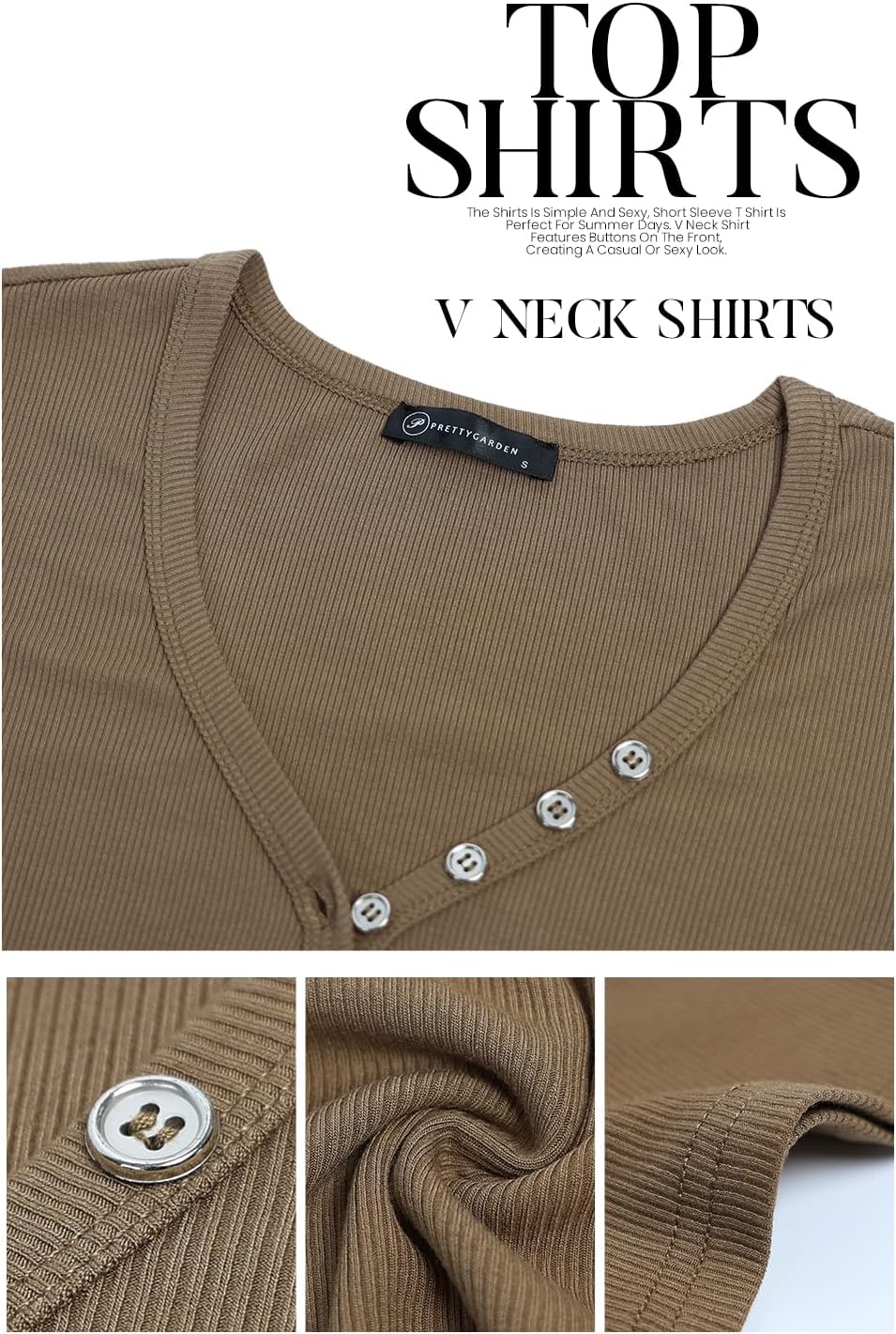 PRETTYGARDEN Women's Summer Casual Henley T-Shirts Short Sleeve V Neck Button Up Ribbed Knit Slim Fit Basic Tops - Image 5