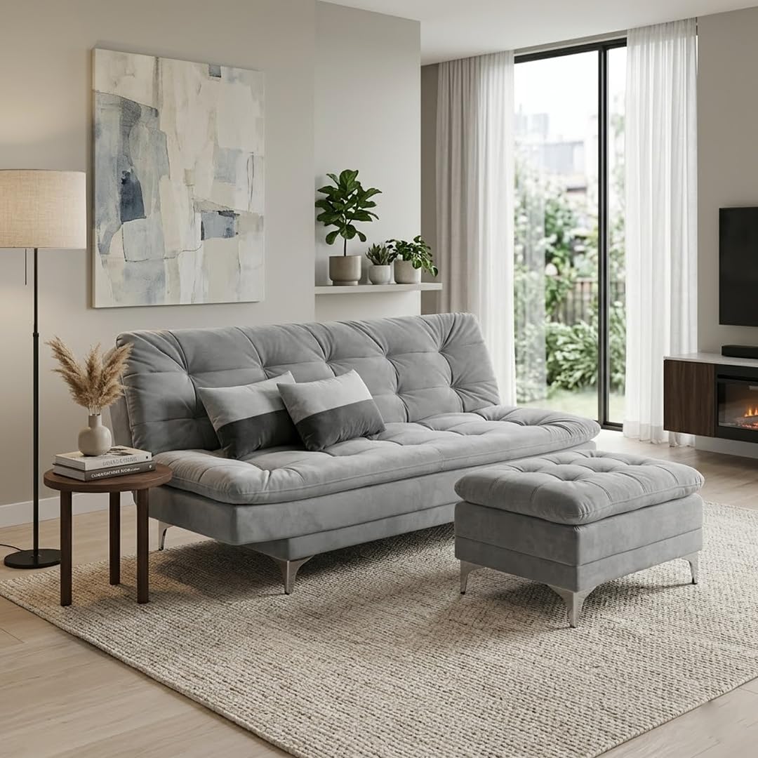 FURNY Supersoft 3 Seater Fabric Sofa Cum Bed with Ottoman (Light Grey) Premium Velvet Finish with Extra 2 Cushions, Ideal for Living Rooms, Bedrooms, Offices
