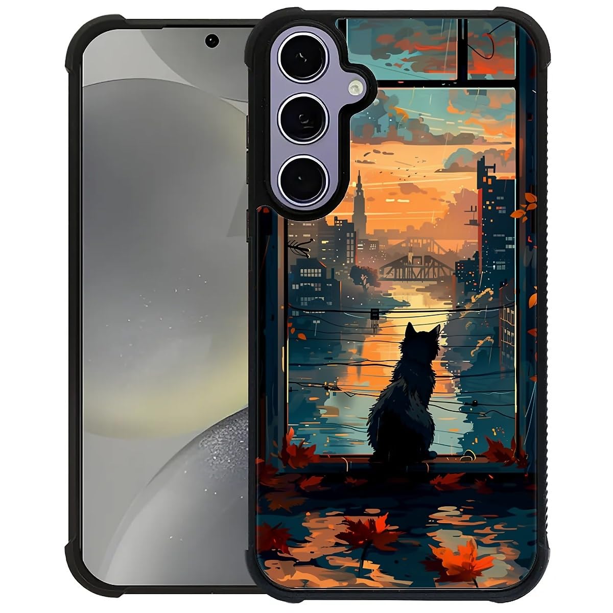 WANKBLC for Samsung Galaxy S24 S25 Case, Shockproof Protective for Man Women Non-Slip for Samsung Galaxy S24 S25 Black Cat at Sunset Crazy Pattern