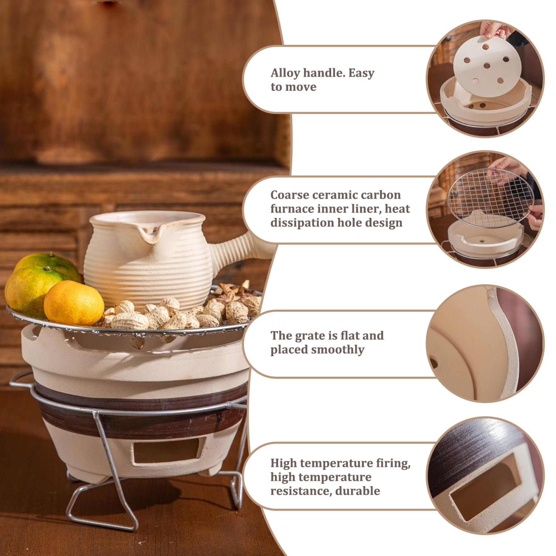 Clay Ofen kleiner Campingofen tragbarer Holzkohlegrill belüftet runde Holzkohlegrill Tee Herstellung mit Eisen Rack & Grill Netto -Holzkohleofen für Home Party Camping Barbecue, Campingofen
