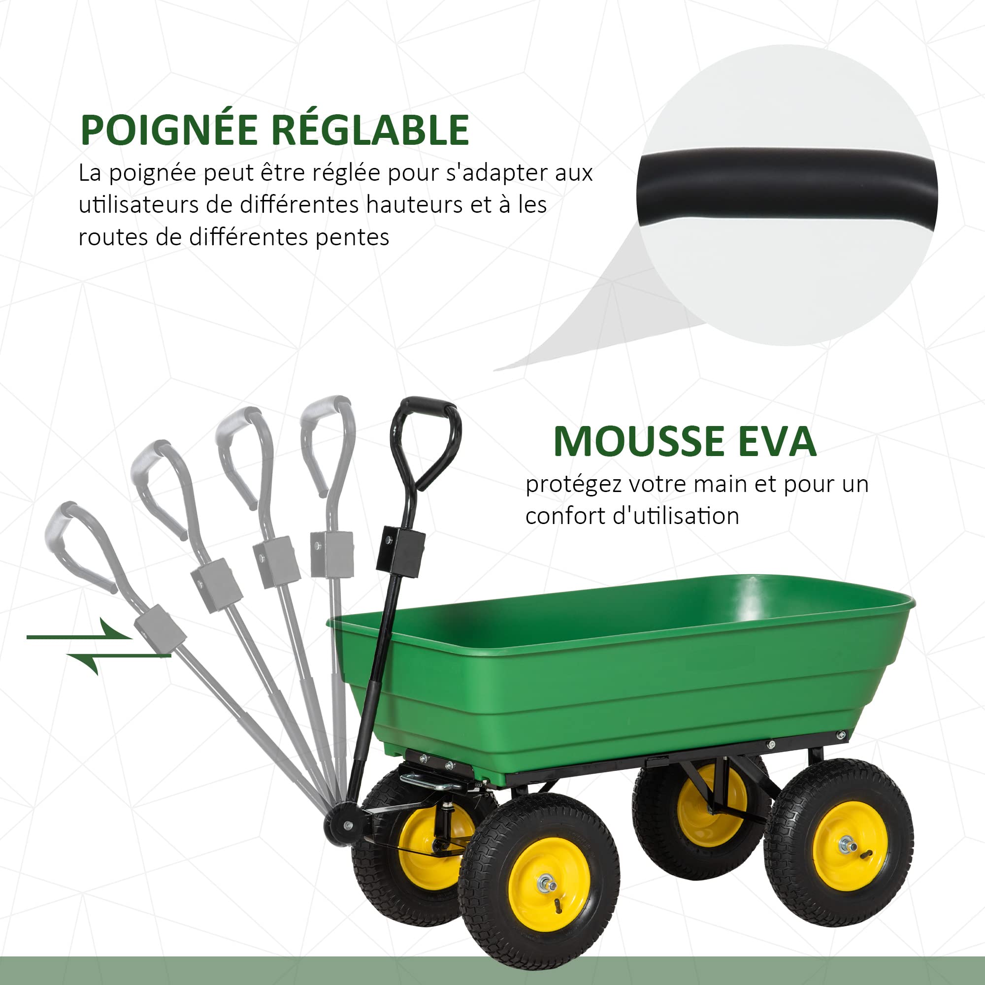 Outsunny Chariot de Jardin à Main Benne basculante 75° 125L Charge Max. 200 Kg 4 Roues pneumatiques Acier PP Jaune Vert
