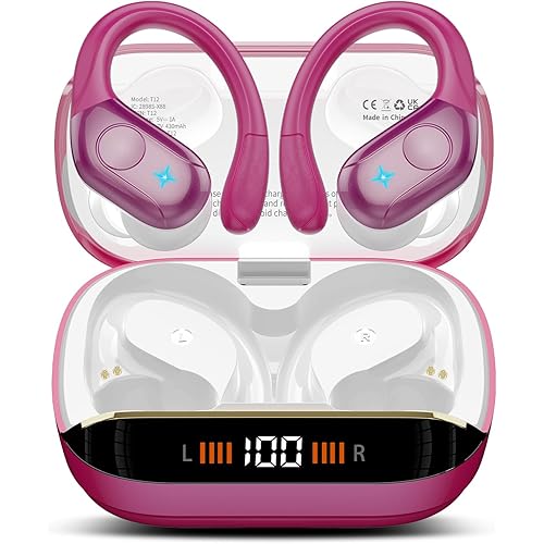 Wireless Earbuds Bluetooth 5.4 Headphones Sports 75H Stereo Deep Bass Over Ear Buds with Earhooks, Bluetooth Earbuds with 4 ENC Mic, LED Display, IP7 Waterproof Earphone for Running, Rose Gold