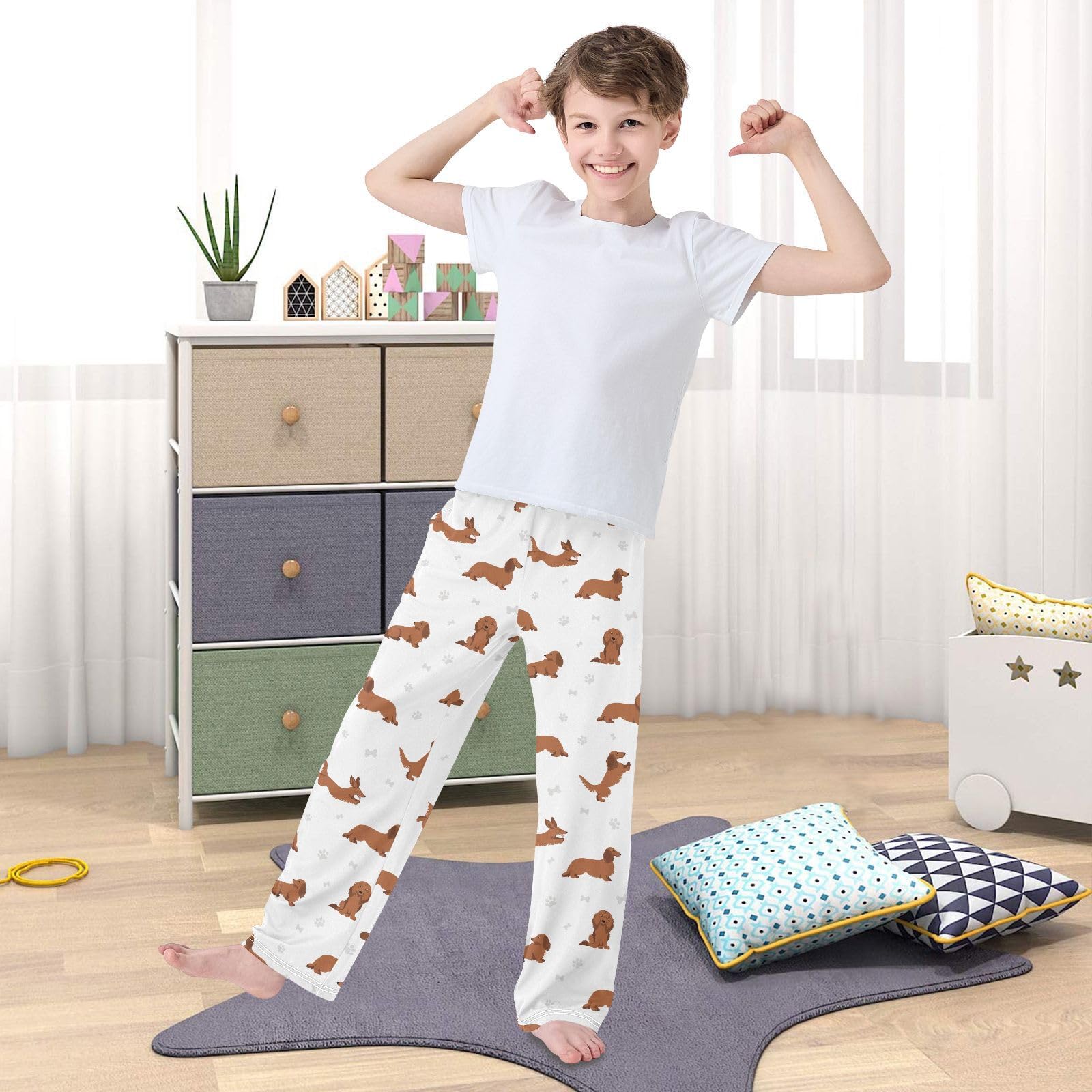 Schlafanzug für Jungen, Dackel, langhaarig, nahtloses Muster, Kinder-Schlafanzug, Nachtwäsche, Lounge-Hose, Größe S