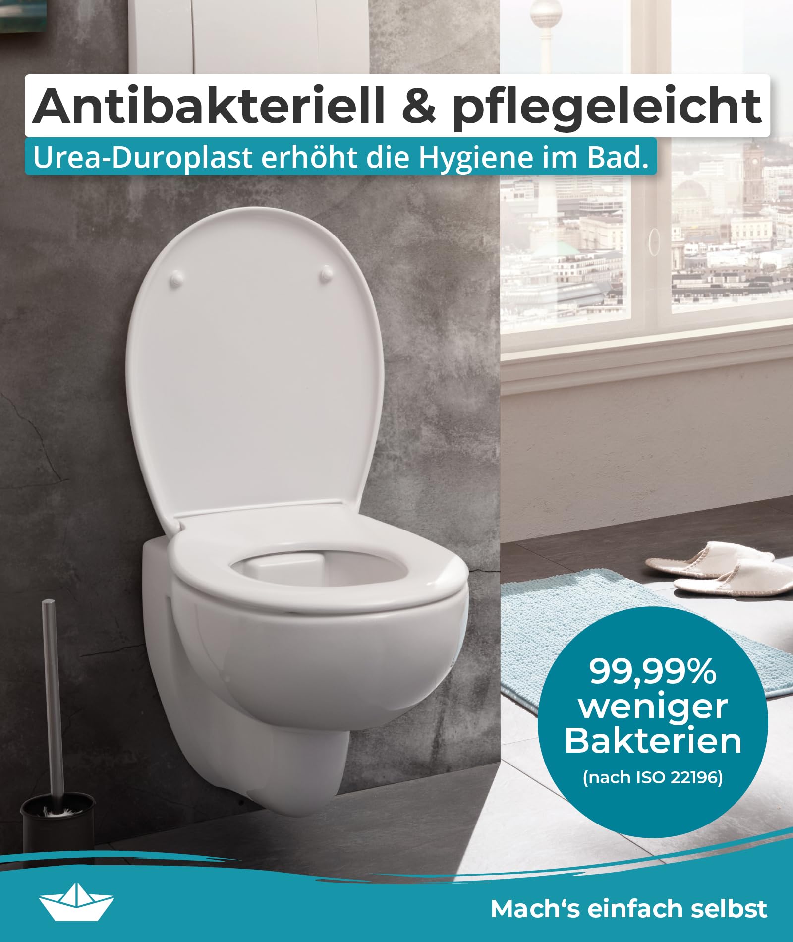 Calmwaters® Toilettendeckel mit Absenkautomatik, WC Sitz einfache Montage, bis 250 kg, Made in EU, aus antibakteriellem Duroplast, 2 Befestigungsarten, abnehmbar, Klobrille oval, Klodeckel Weiß