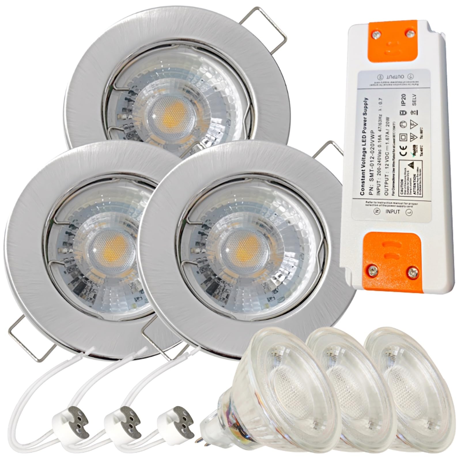 3 Stück LED Einbaustrahler Lotta 12V 5W IP20 Edelstahl gebürstet | Warmweiß 3000K, 400lm | inkl. Trafo & MR16-Fassung | Für Küche und Wohnbereich | Ideal zur LED-Umrüstung