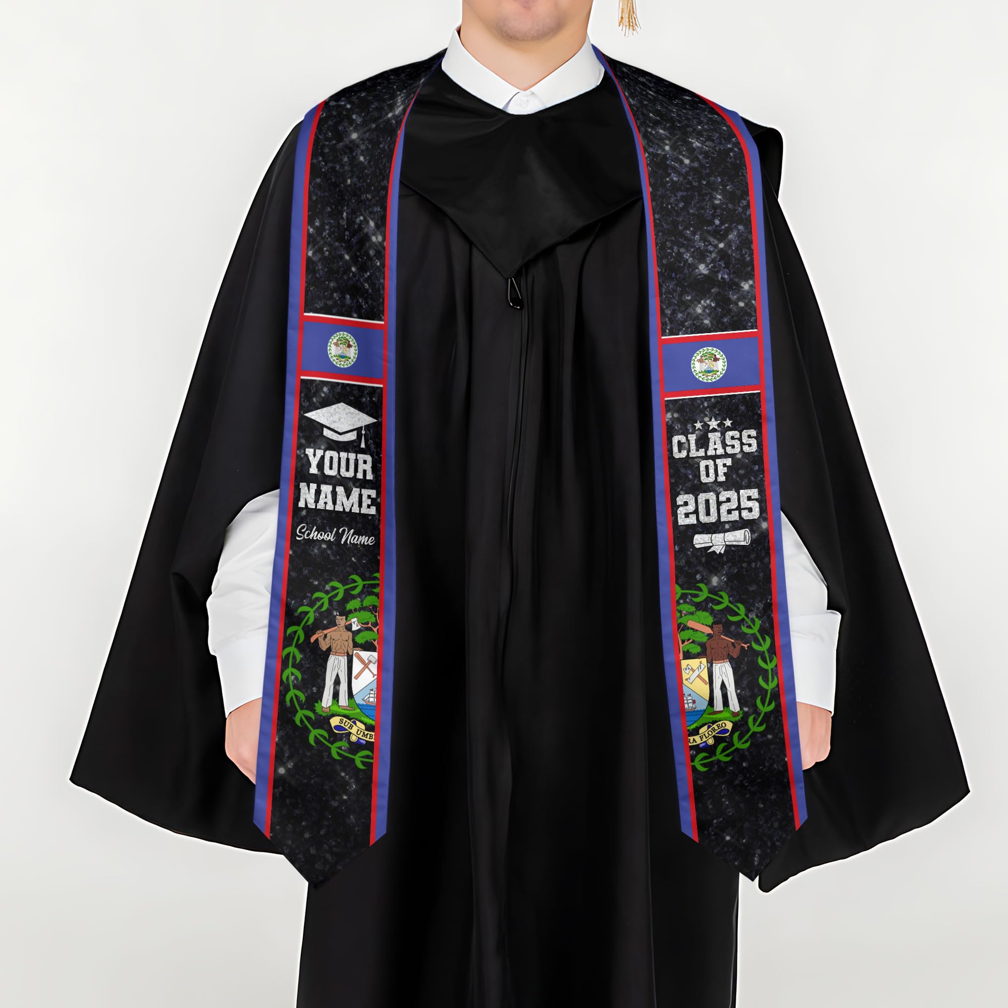 MonkeyVan Personalized Belize Graduation Stole, Belize Graduation Sash, Belizean Flag Graduation 2025 Stole, Class of 2025 Bl7