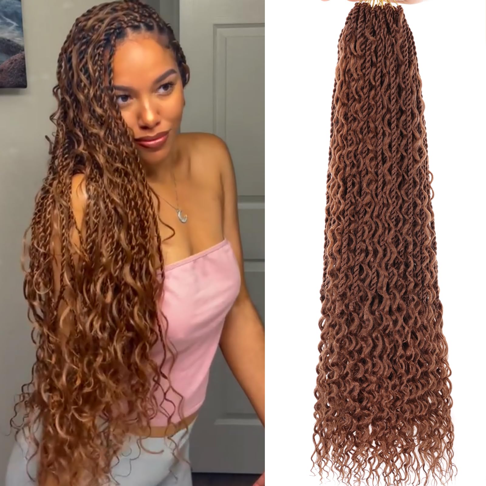 RuiYok 9 Packs Boho Senegalese Twist Crochet Hair with Curls 30 Inch Island Twist Crochet Braids Pre Looped Brown Boho Twist Braiding Hair for Black