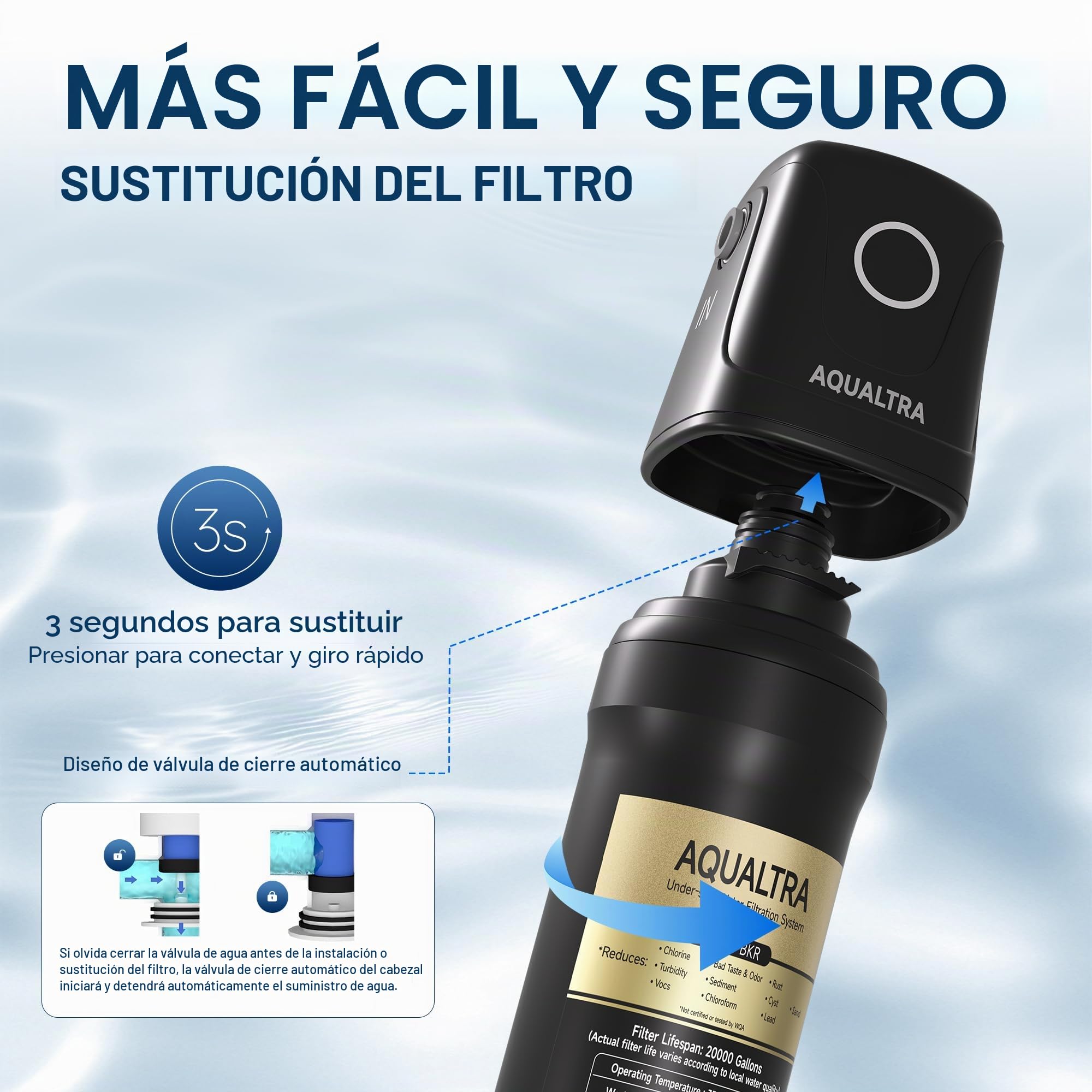 AQUALTRA USF01-BKF Sistema bajo fregadero con grifo, 45400L, certificado NSF/ANSI/CAN 372, reduce PFOA, PFOS, cloro, plomo, mercurio, cloramina, fluoruro, microplásticos, mal sabor & olor