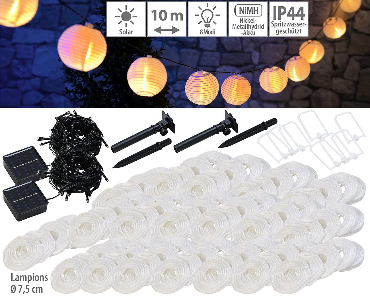 Lunartec Mini Solar Lichterkette: 2er-Set Solar-LED-Lichterketten, warmweiß, je 50 weiße Lampions, IP44 (Lichterkette außen Lampion, Balkon, Ball)