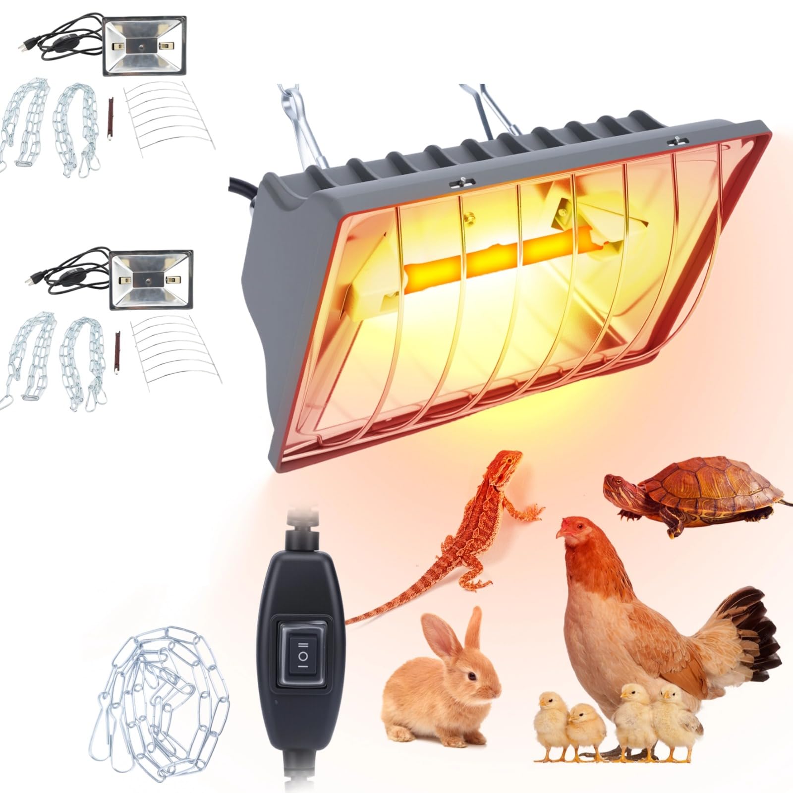 Lampada termica per polli, 2 pezzi, temperatura regolabile, 175 W, 250 W, impermeabile, per pulcini, con cavo da 1,8 m, adatta per pulcini, anatre, cuccioli, bestiame