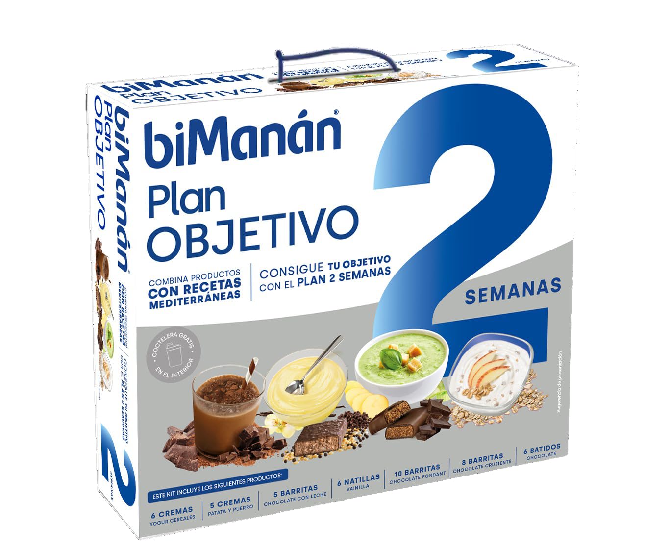 biManán - Plan Objetivo 2 Semanas, Sustitutivos para el Control y la Pérdida de Peso, Incluye Batidos, Natillas, Cremas, Barritas y una Coctelera, con Vitaminas y Minerales