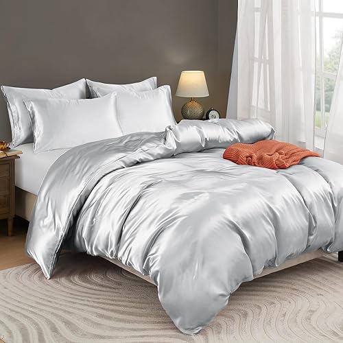 Miniatura 8 de Horbaunal Juego de funda de edredón de satén de 5 piezas, tamaño QueenMatrimonial, funda de edredón azul bebé con lazos en las esquinas y cierre de