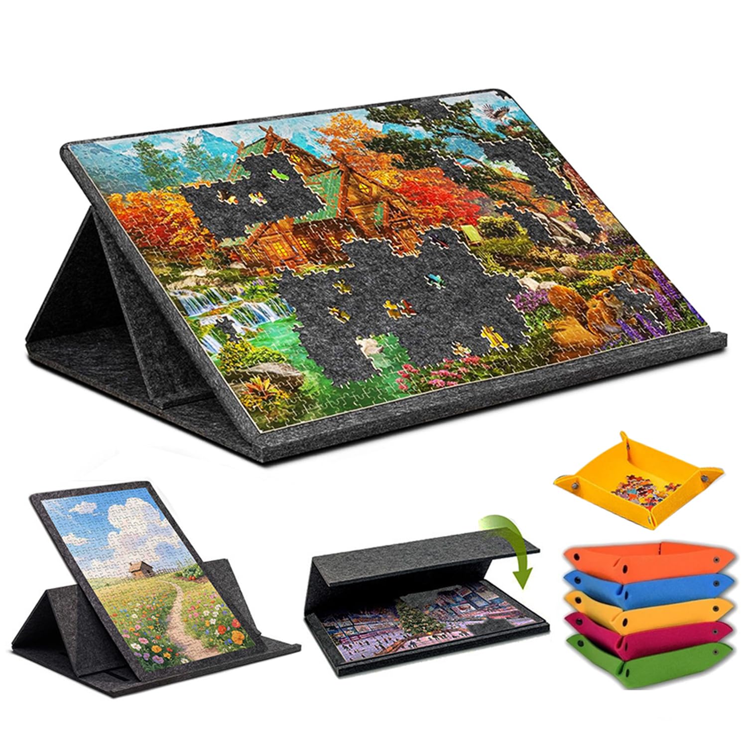 Tablero De Rompecabezas Plegable 1000 Piezas,Tablero De Rompecabezas,Alfombrilla De Rompecabezas Portátil Con 6 Tazones De Clasificación De Colores,Con Soporte 2 En 1 y Cubierta,Ángulo Ajustable,Negro