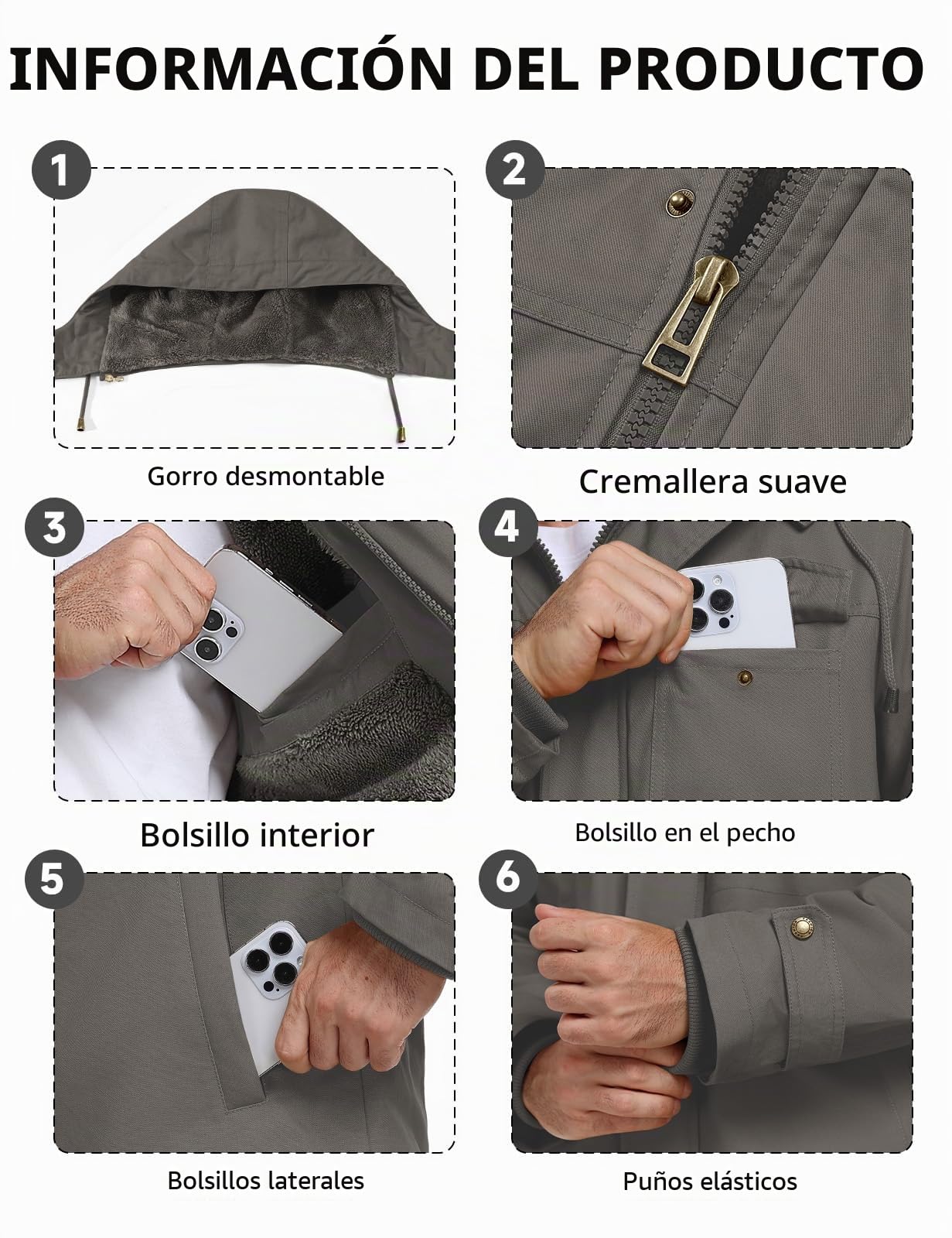 Xnova Chaqueta Hombre Invierno Abrigos Cálido Forro Polar Algodón Parka con Capucha Desmontable Chaqueta Militar Termica Cazadora Entretiempo Trabajo con Bolsillos Múltiples
