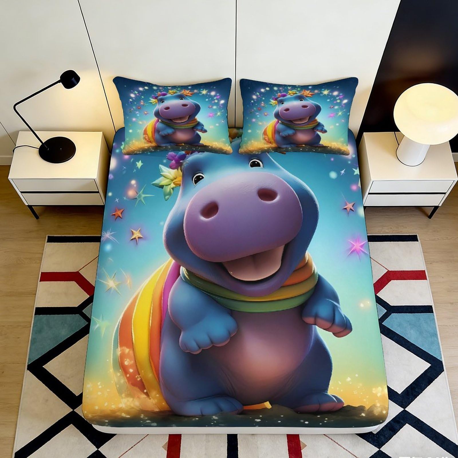 3D Printed Cartoon Hippo Fitted Sheet Microfiber Soft Colorful Stars Rainbow Mattress Cover for Bedroom Guest Room Decor 120x200x25cm
