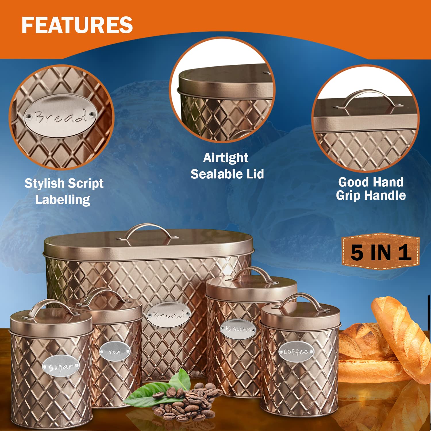 5pc Kitchen Storage Container Set Bread Bin Tea Sugar Coffee
