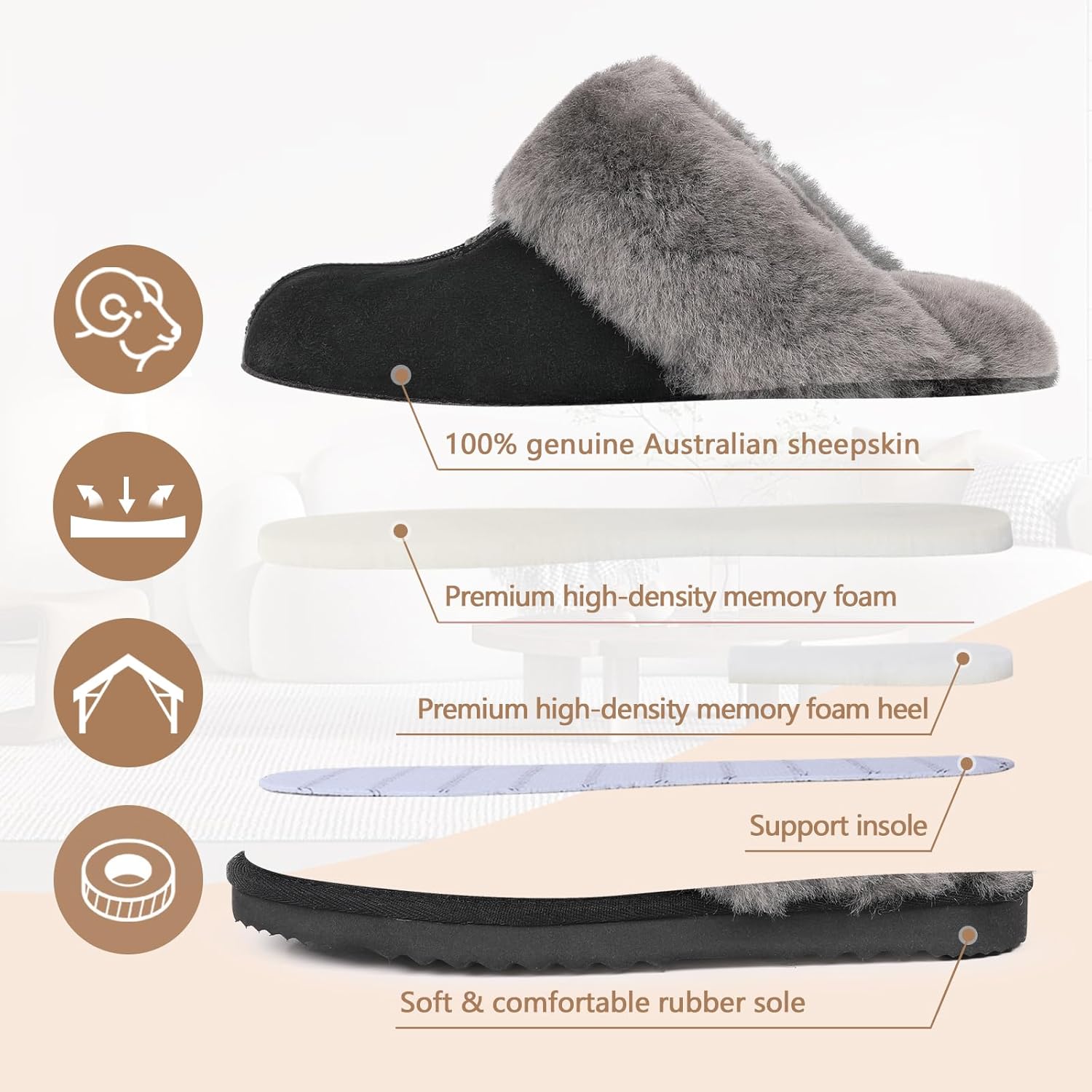 FANTURE Genuine Australian Sheepskin Women Slippers, Memory Foam Fluffy Shearling Slippers Indoor Outdoor House Shoes with Warm Lining - Image 6