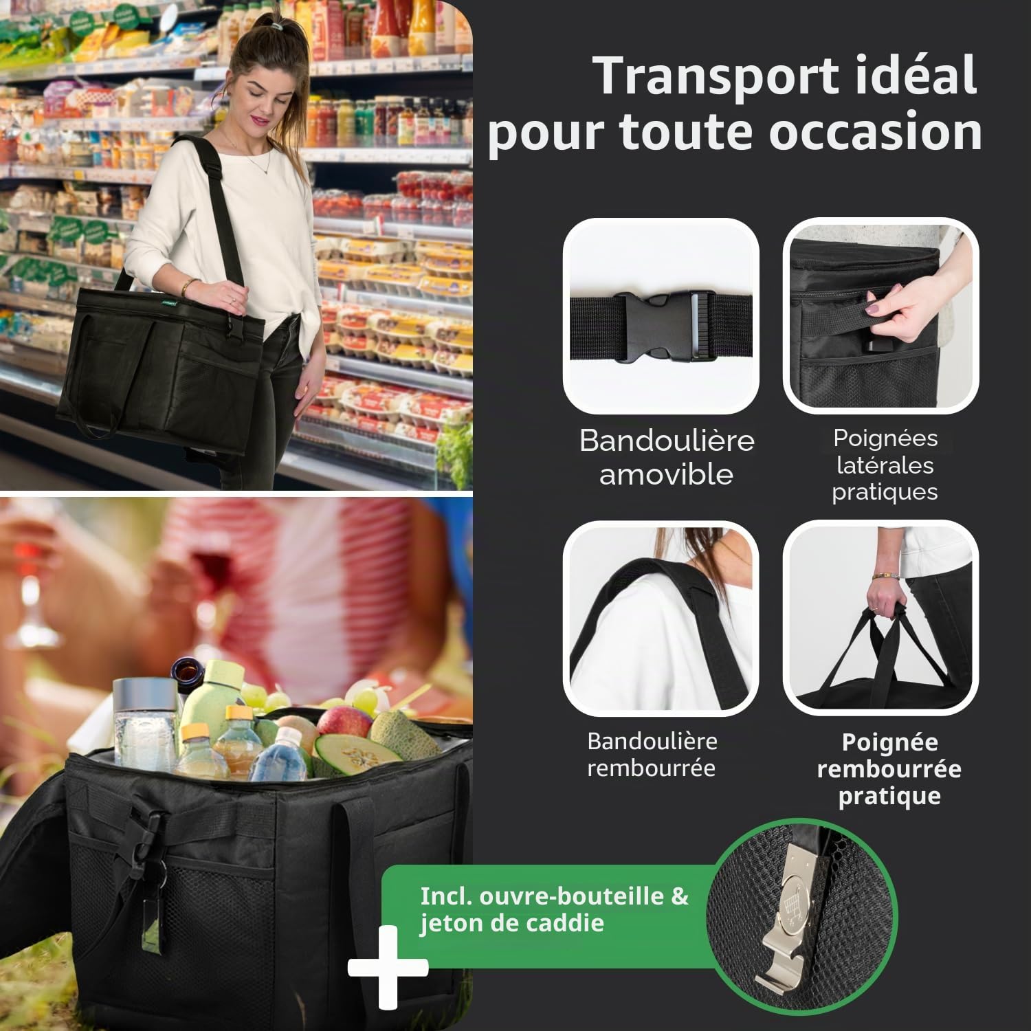 Cottara® Grand sac isotherme avec isolation anti-fuite 30 l – Sac isotherme pliable grand pour le shopping et le pique-nique – Sac de courses idéal, sac isotherme, sac de pique-nique