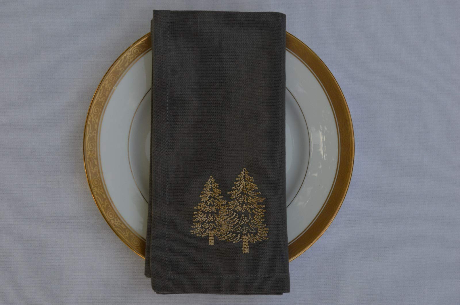 Quayside Home Charcoal Grey Christmas Napkins, 100% Cotton With Gold Embroidered Christmas Trees. Pack Of 4