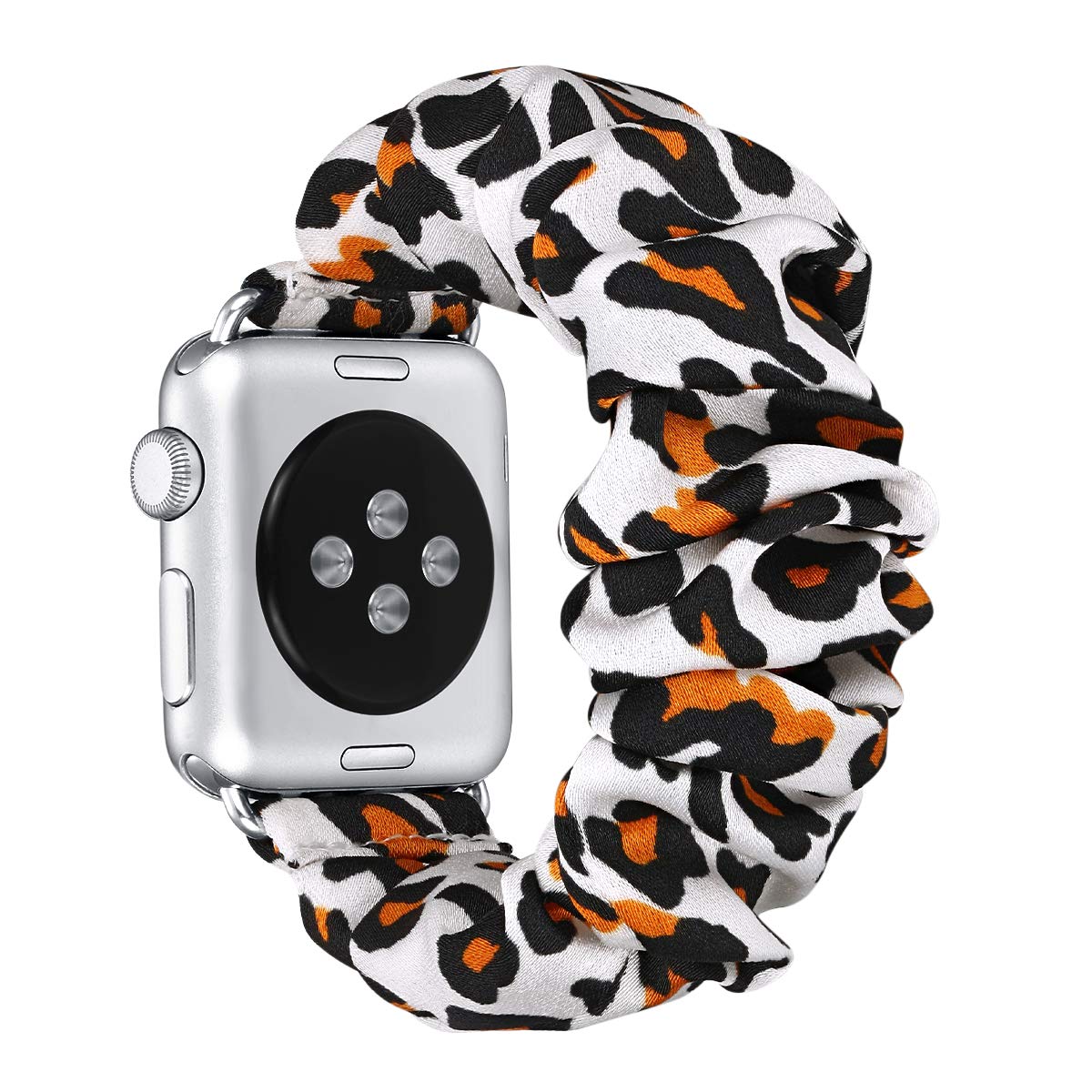 fastgo Compatible with Apple Watch Band Scrunchie, Women Girls Gift Elastic Bracelet Strap Stretchy Soft Cloth Fabric Replacement Wristbands for Iwatch SE Series 6/5/4/3/2/1 (Leopard White, 42mm/44mm)