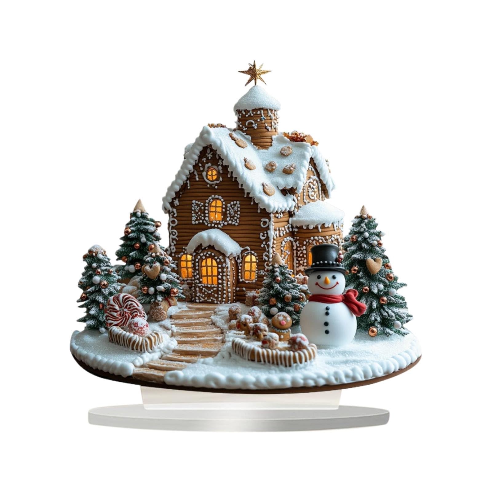 Christmas 2D House Ornament Acrylic Christmas Cabin Special Shape Art Decor with Base Table Decor for Home Desktop Decor en Girls Ornament (D, C)