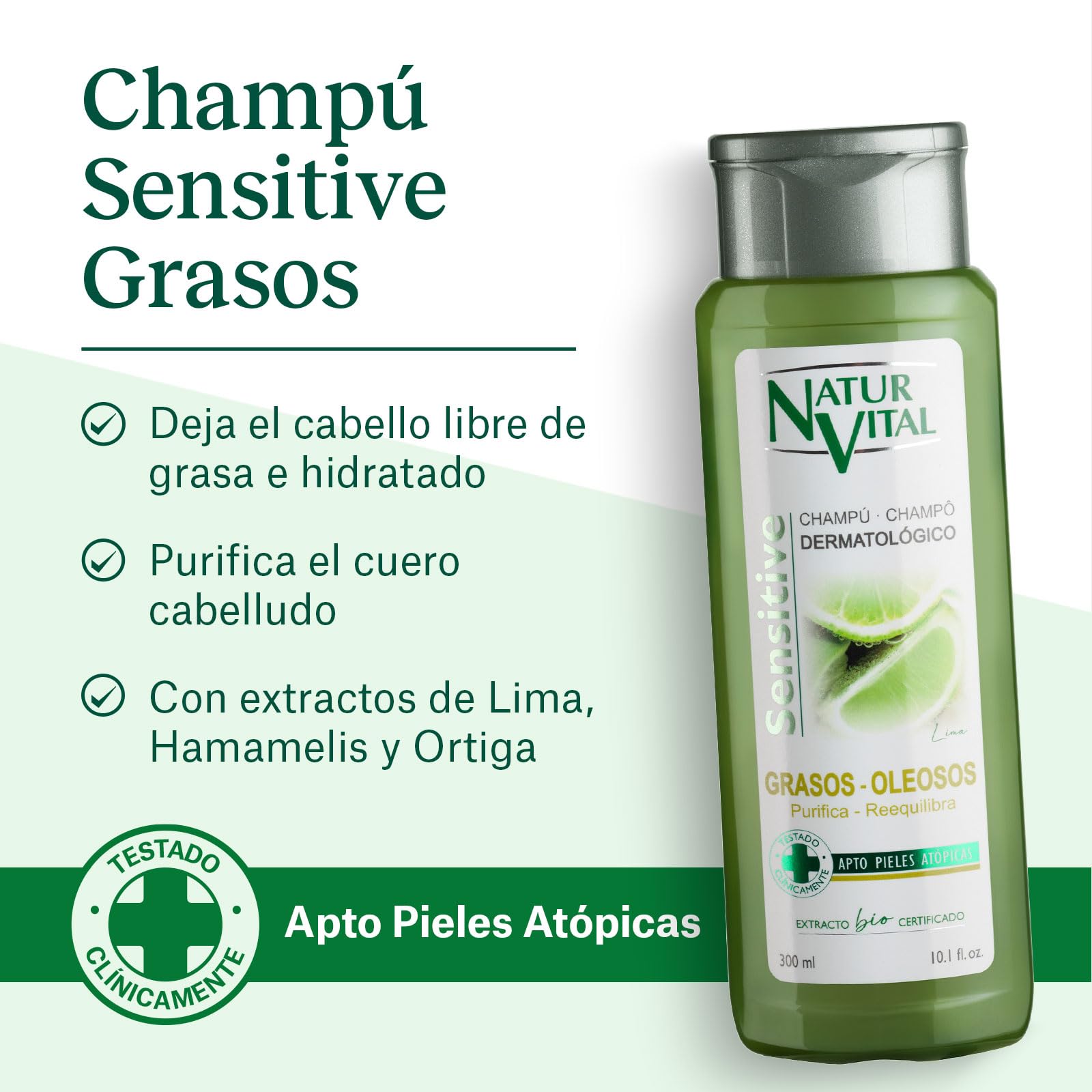 NaturVital - Champú Sensitive, Sin Parabenos ni Siliconas, Champú Natural para Pelo Graso, Dermatológico para Piel Atópica y Cuero Cabelludo Sensible, 300ml