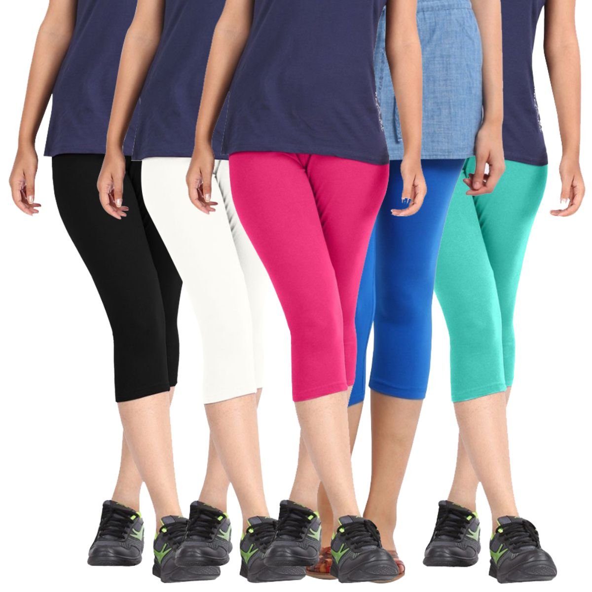Super Soft Bio-Washed 220 GSM Capri for Women, 4 Way Stretchable, Combo Pack of 5 (Black, White, Pink, Sky Blue and Turquoise) - Free Size-image-21