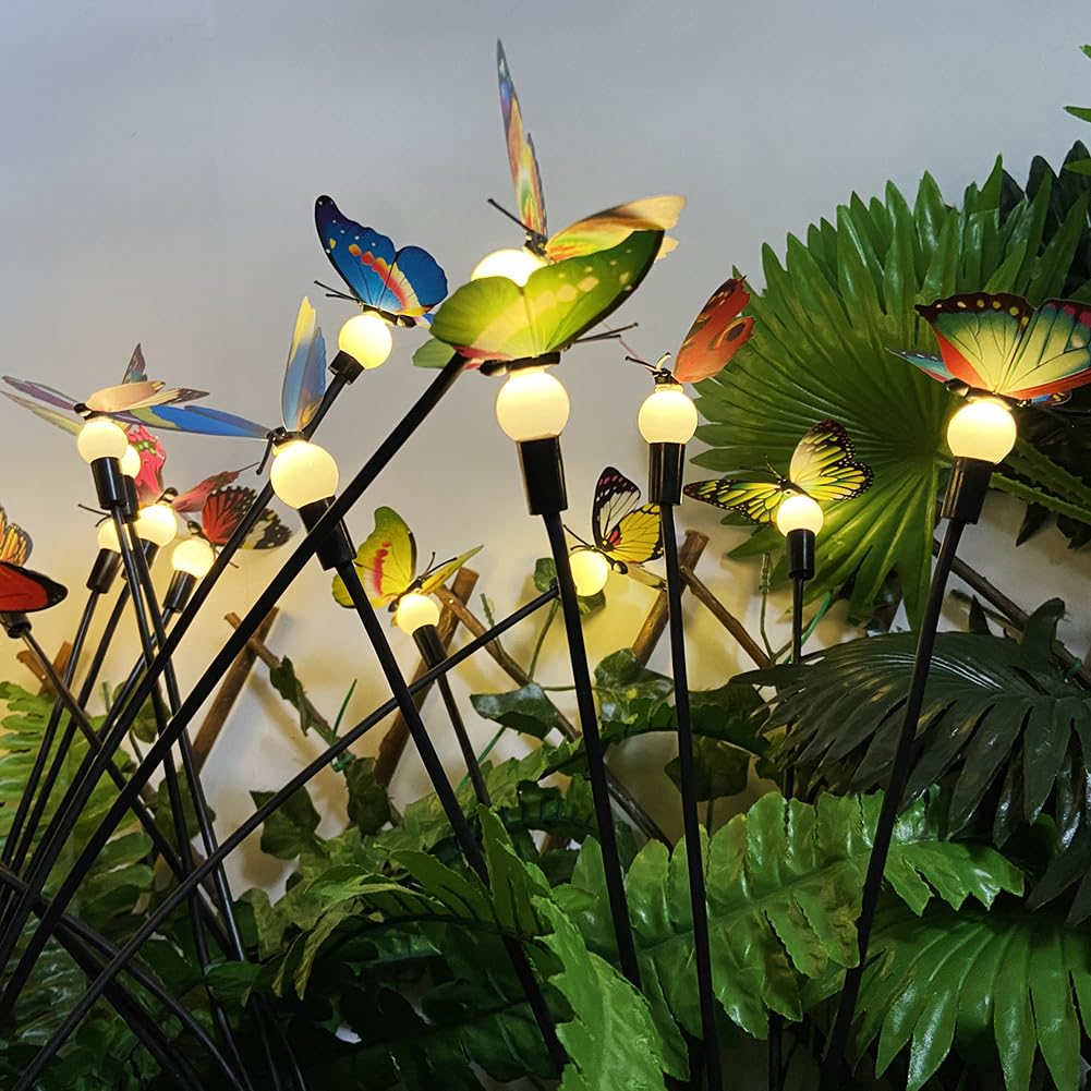 Luci Solari Da Giardino A Farfalla, 2 Pezzi Con 44 LED E 34 Farfalle In Tessuto, Accensione Automatica, Impermeabile IP65, 2 Modalità