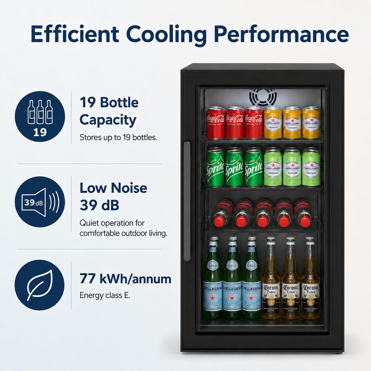 Cozze® Elements - Frigorífico de exterior 63 L – Vitrina de bebidas con puerta de cristal templado, luz LED, pantalla digital, 3 estantes de cristal, refrigeración por compresor 3-10 °C, enchufe IP44