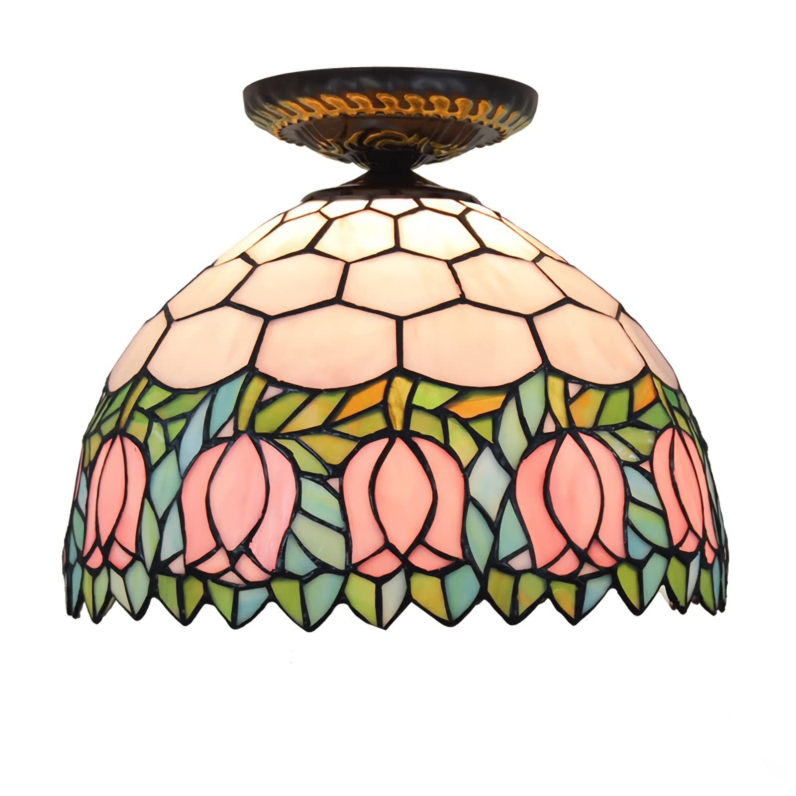 YNIYUJKL 12 Inch Tiffany Ceiling Light Flush Mount, Dimmable Stained Glass Chandeliers, E26 Bulb, Victoria Style Decorative Ceiling Lamp For Living Room, Bedroom, Hallway, Pi